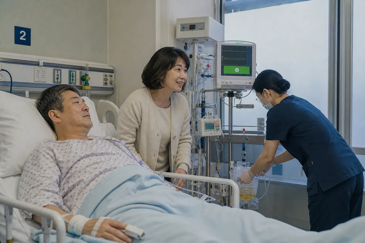 수술 직후 회복실에서 51세 남성 환자가 병상에 누워 있고 보호자가 옆에서 안도한 표정으로 모니터를 바라보는 장면. 화면에는 소변 배출 시작과 이식 장기 기능 상태를 나타내는 녹색 의료 알림이 표시되며 간호사가 혈압과 소변 배액관을 확인하고 있다.