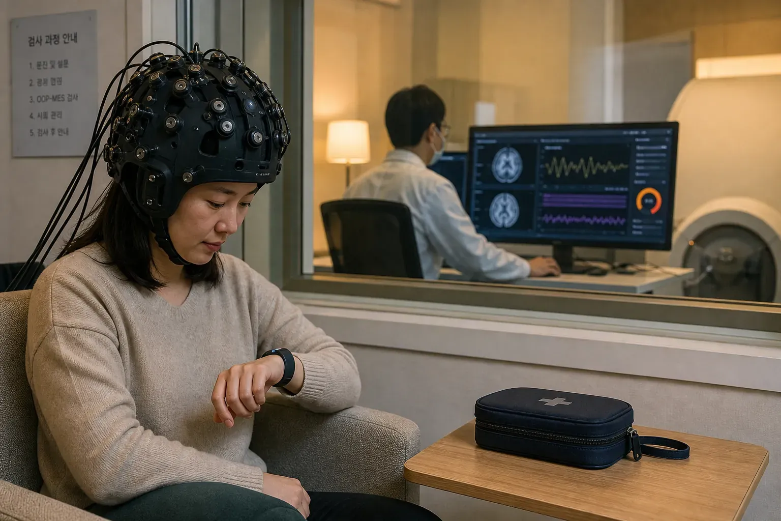 OPM-MEG 헬멧을 쓴 조유진 씨가 차폐실 안에서 손목 진동 알림을 확인하는 동안 옆 모니터에 개인별 발작 위험도와 예상 시작 시간이 표시된 장면
