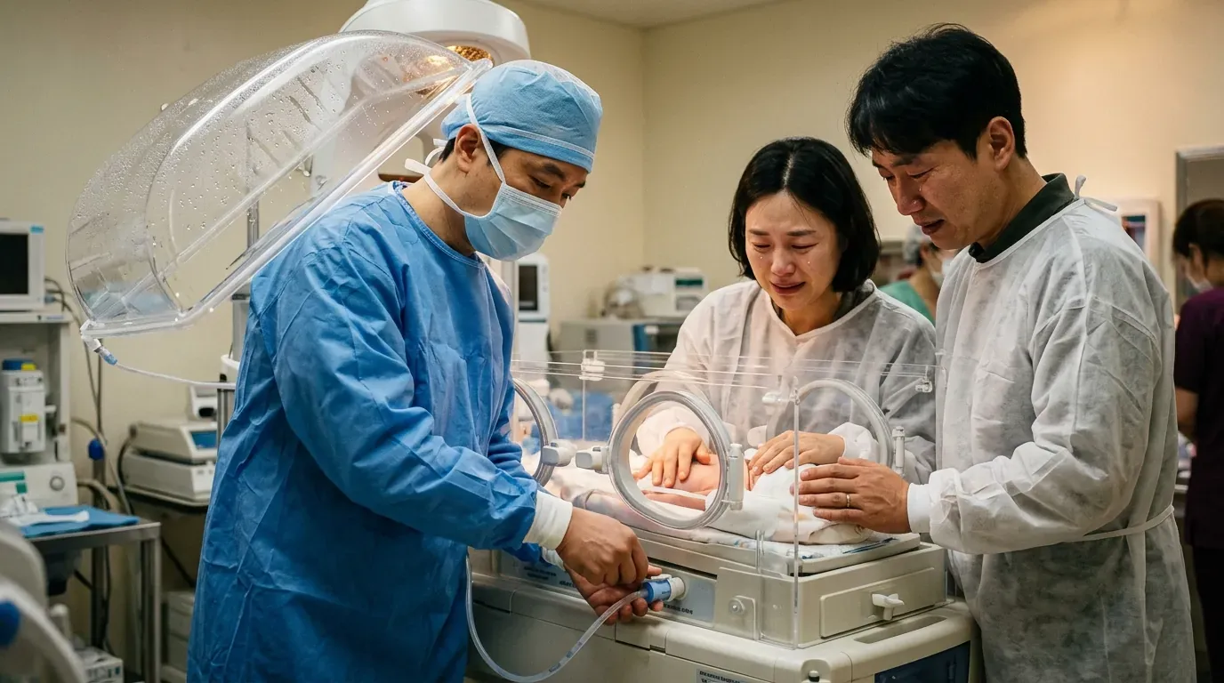 38주 인공 자궁 배양을 마치고 무균 양수 감압 배출 후 첫 호흡을 맞이하는 챔버와 감격한 보호자의 손길