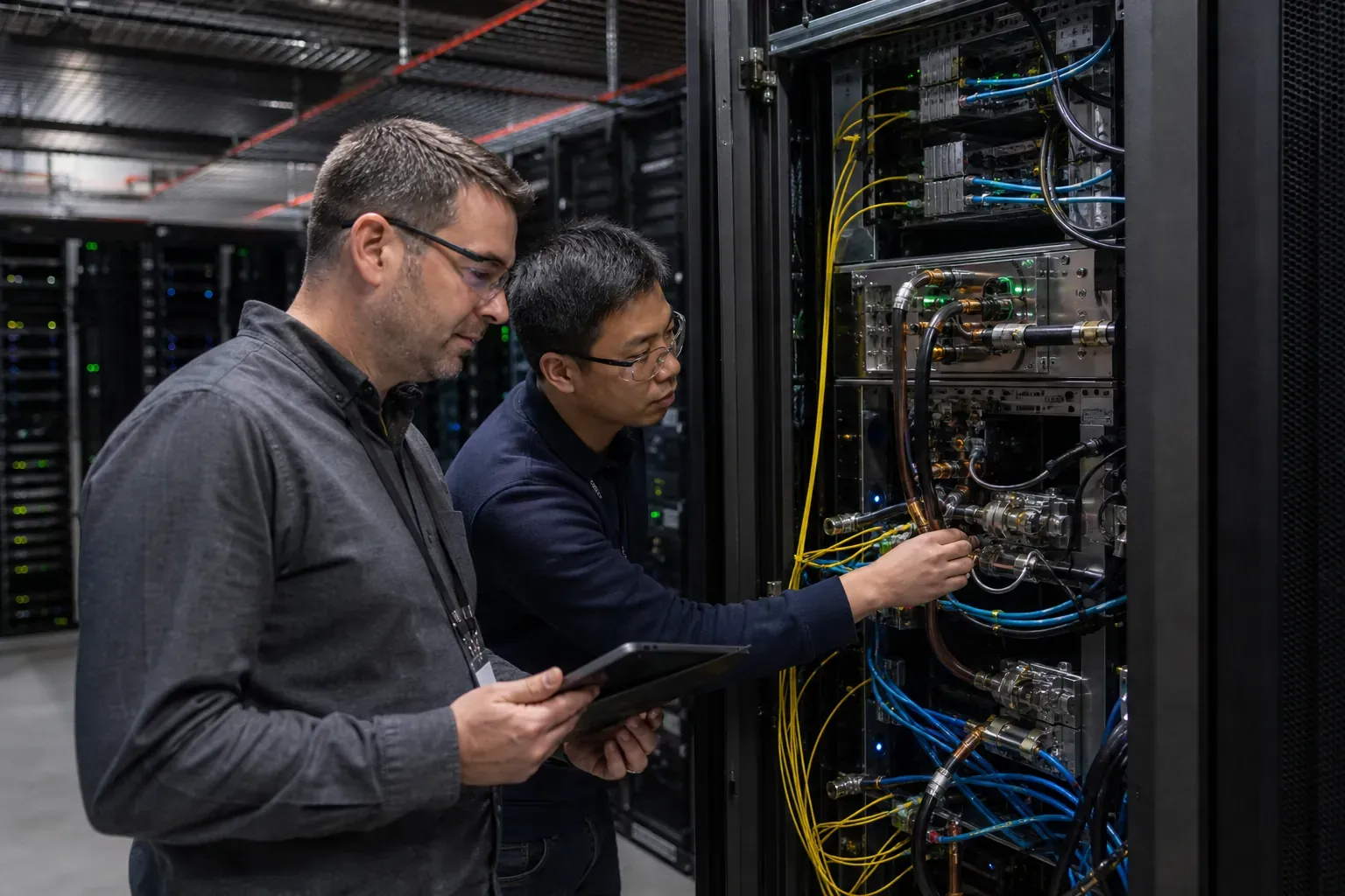 판교 광자 AI 데이터센터의 검수 현장에서 시스템 아키텍트가 기존 GPU 서버 랙 옆에 광자 가속기 카트리지를 놓고 추론 지연시간과 전력 로그를 확인하는 모습, 케이블과 냉각 장치가 실제 운영 환경처럼 보이는 사진
