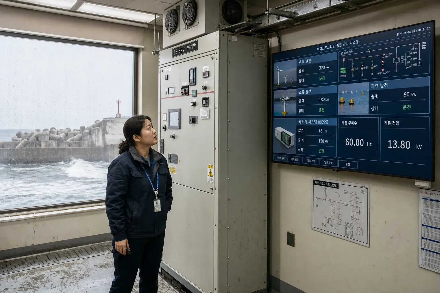 해온도 에너지센터 내부에서 한국인 마이크로그리드 운영자 배현주가 13.8kV 배전반과 실시간 전력관리 화면을 확인하는 장면으로 유리창 너머 방파제와 파도가 보이고 화면에는 풍력·조류·파력 발전량, 배터리 충전상태, 60.01Hz 주파수가 표시된 모습