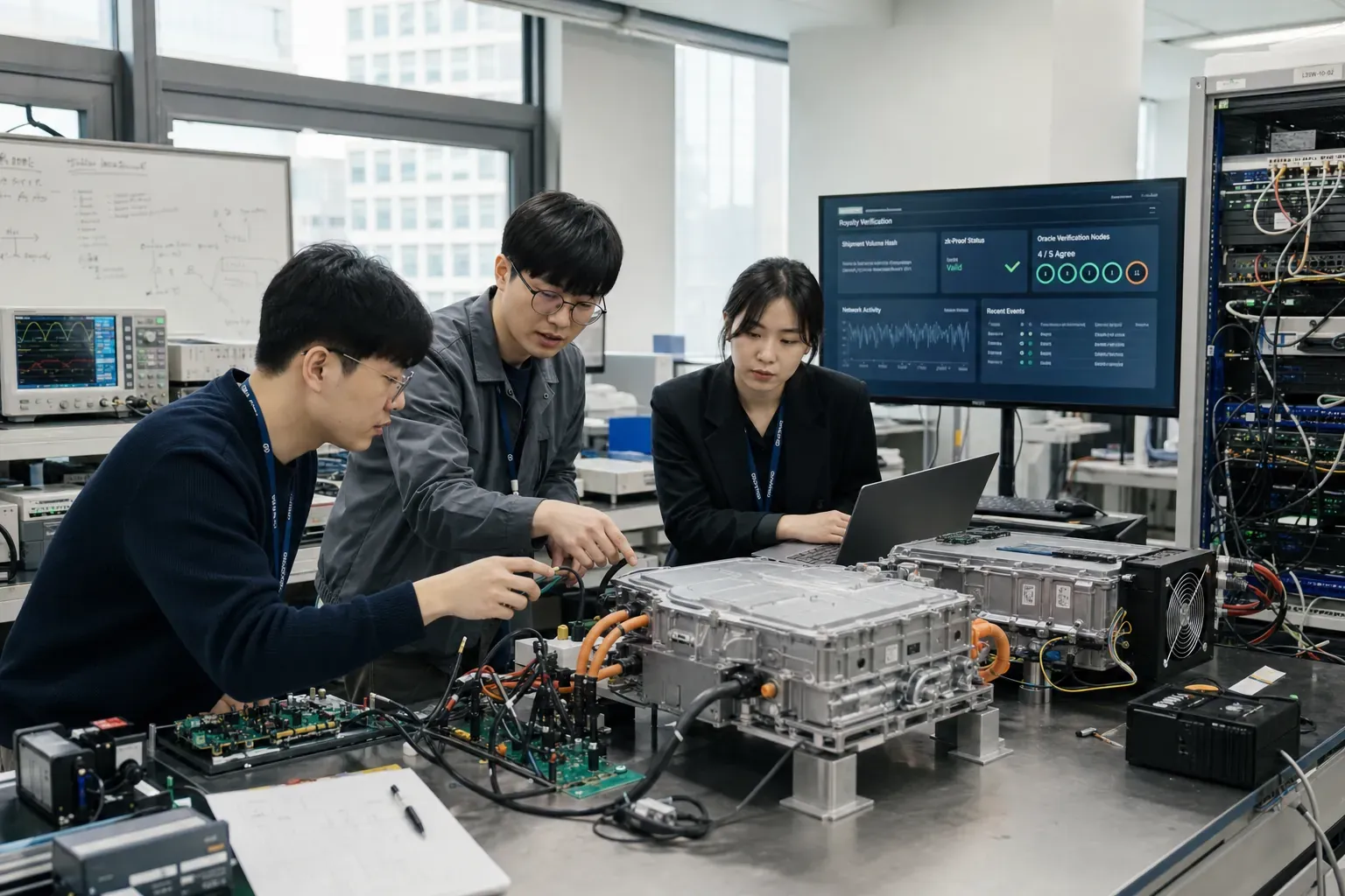 서울의 전자부품 검증实验실에서 엔지니어들이 실제 전기차 인버터 시제품과 서버 기반 로열티 검증 장치를 함께 점검하며 출하량 해시와 다중 오라클 검증 결과가 표시된 모니터를 확인하고 있다.