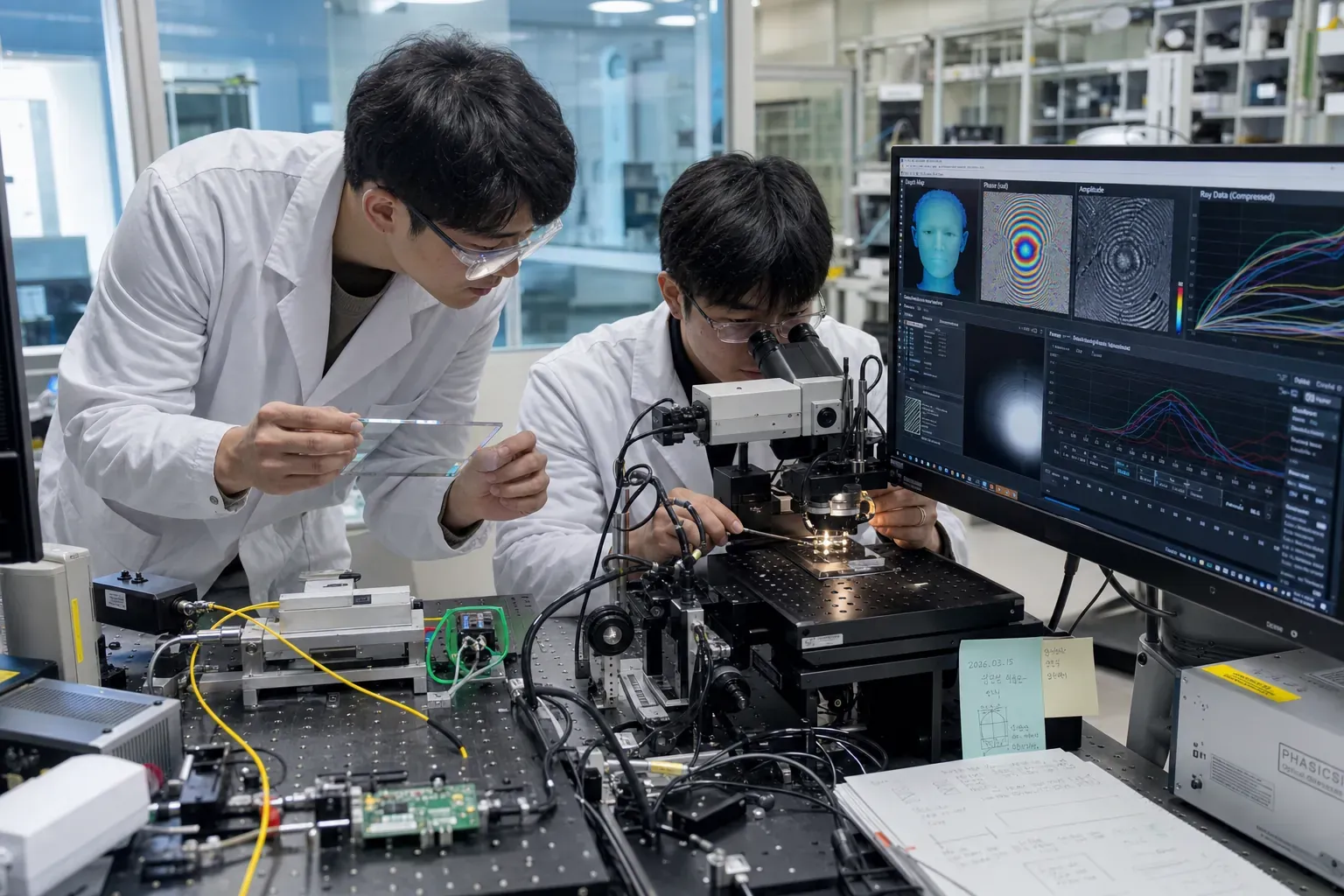 2026년 광학 연구실에서 엔지니어들이 스마트폰용 초박형 나노광학 패널과 박막 도파관 시제품을 현미경과 광학 측정 장비로 검사하고 옆 모니터에는 얼굴 깊이 지도와 광선 데이터 분석 화면이 표시된 장면