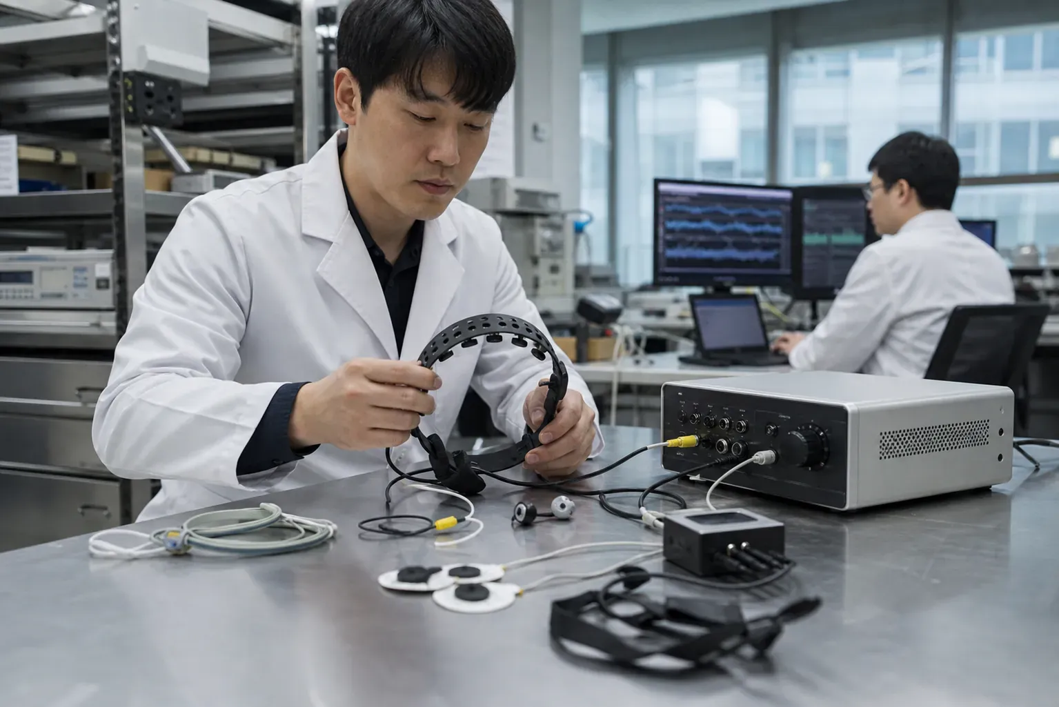 서울의 음향 신경치료기 연구실에서 엔지니어가 EEG 헤드밴드, 이어폰, 심박·피부전도 센서가 연결된 실제 폐루프 음향 자극 장치를 점검하는 모습