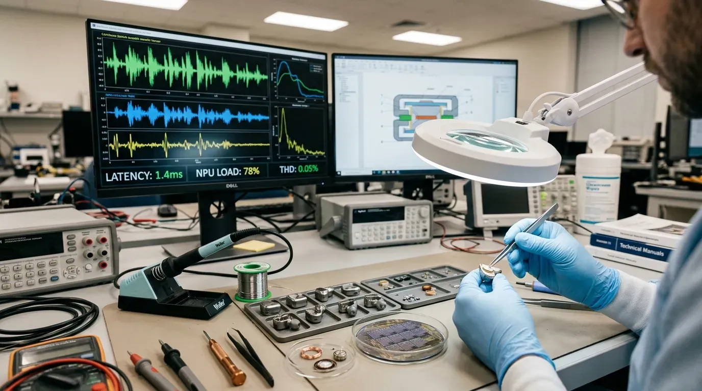 음향 신경망 연구소 작업대에서 2nm 초저전력 NPU 칩셋과 음성 동역학 분리 텐서 측정 장비를 정밀 계측하는 엔지니어의 작업 현장 사진