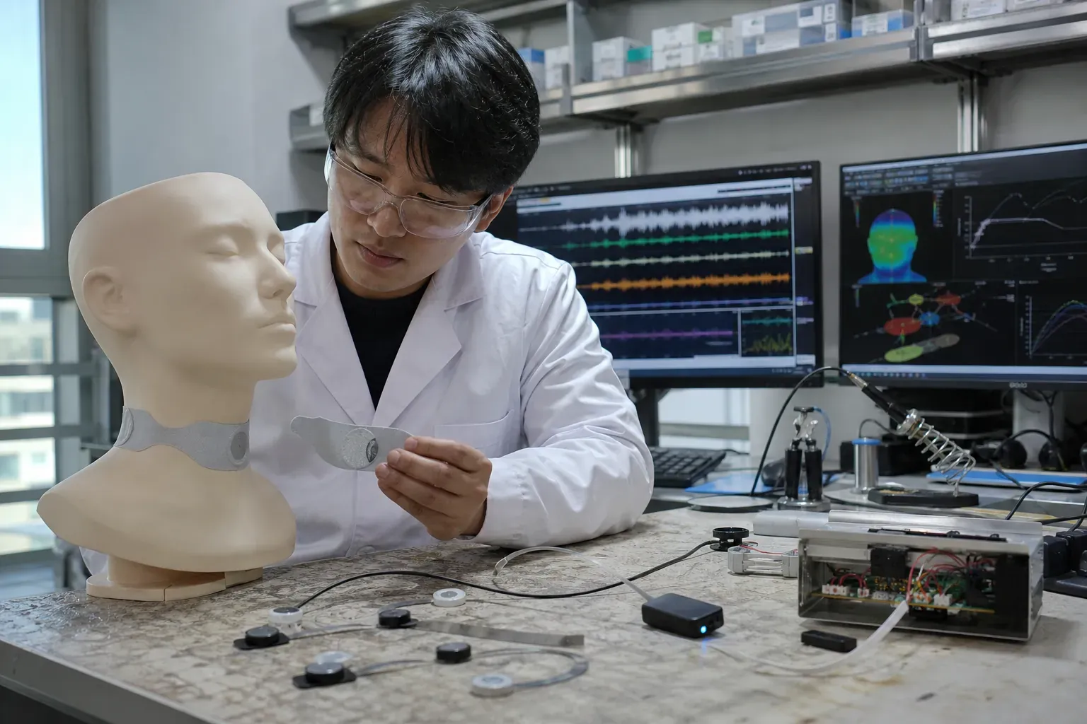음성보철 연구실에서 엔지니어가 목 모형과 센서 패치, 건식 전극, 관성센서, 저전력 송신기와 음성 디코더 장비를 실제 작업대 위에서 점검하고 있으며 배경에는 환자별 신호 비교용 모니터가 놓인 장면
