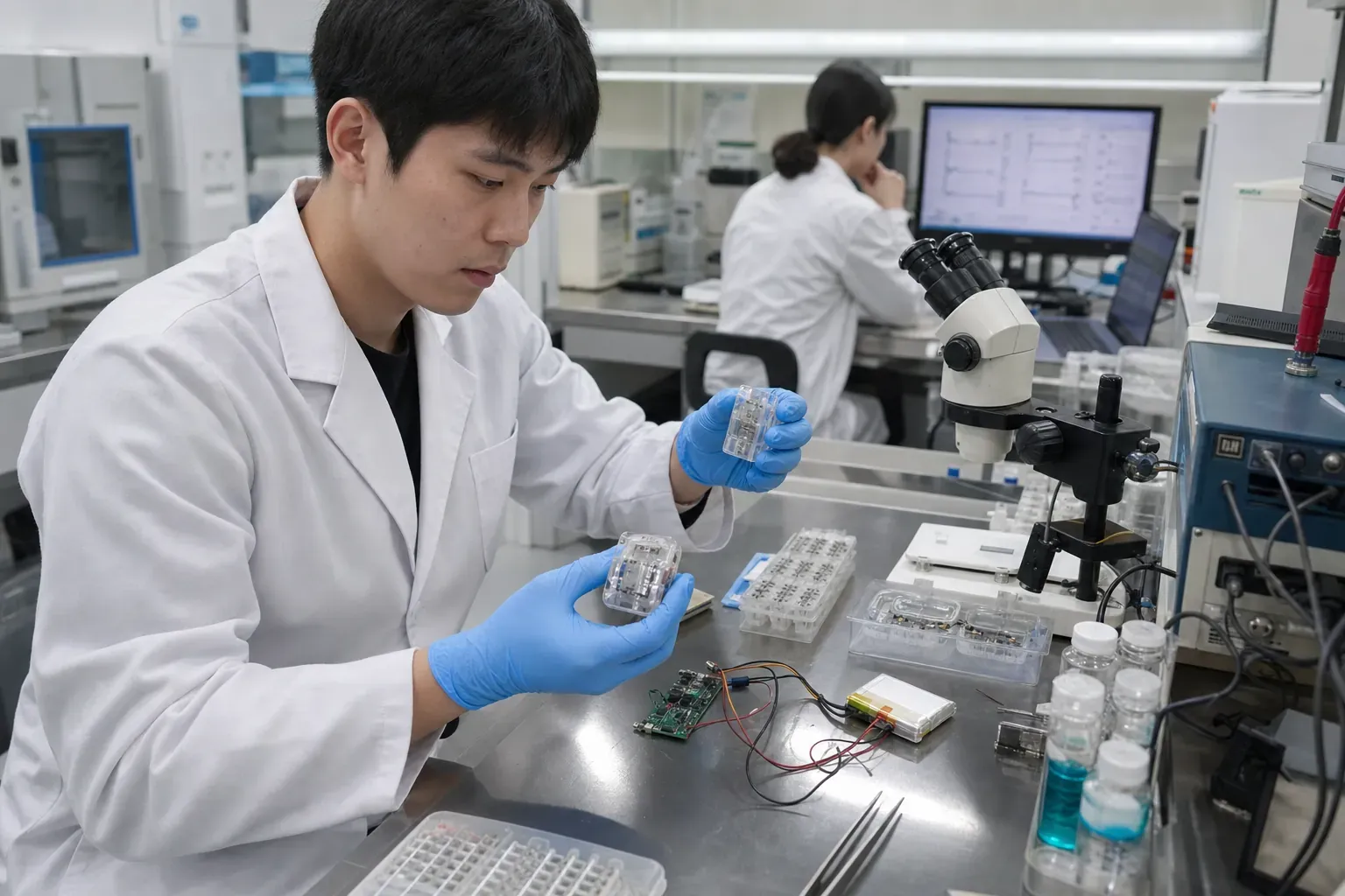 약물 모니터링 밴드의 미세바늘 패드와 일회용 카트리지를 개발하는 서울의 바이오센서 연구실에서 엔지니어가 현미경과 전기화학 측정 장비를 점검하는 모습