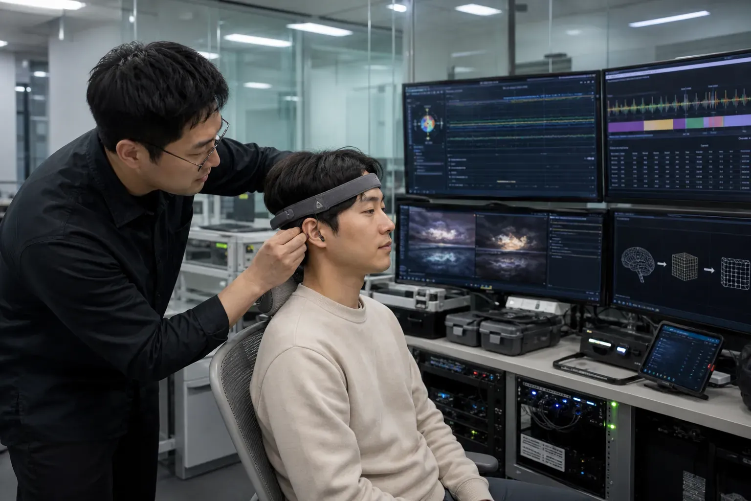 수면 연구실에서 엔지니어가 착용자의 회색 EEG 헤어밴드와 귀 뒤 안구운동 센서를 점검하는 동안 배경 모니터에 REM 수면 신호와 개인화 영상 재구성 파이프라인이 표시된 장면