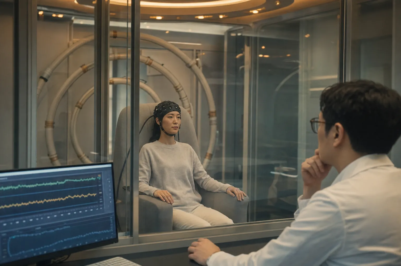 2029년 서울 마곡의 자기장 차폐실에서 회색 의자에 앉은 여성이 검은색 OPM-MEG 헬멧을 착용하고 있으며 유리벽 너머 의료진의 모니터에 뇌 자기장 분석 파형이 표시된 장면