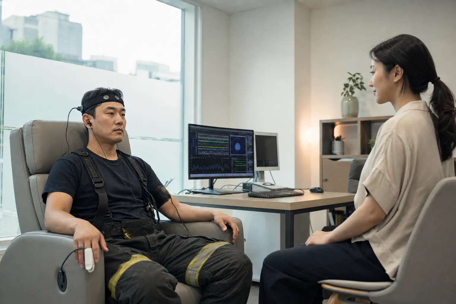 2029년 서울 상암동 트라우마 회복센터의 조용한 음향치료실에서 34세 소방관이 EEG 헤드밴드와 귓속형 이어폰을 착용한 채 앉아 있고 치료사가 옆에서 음성·심박 반응을 확인하는 현실적인 장면