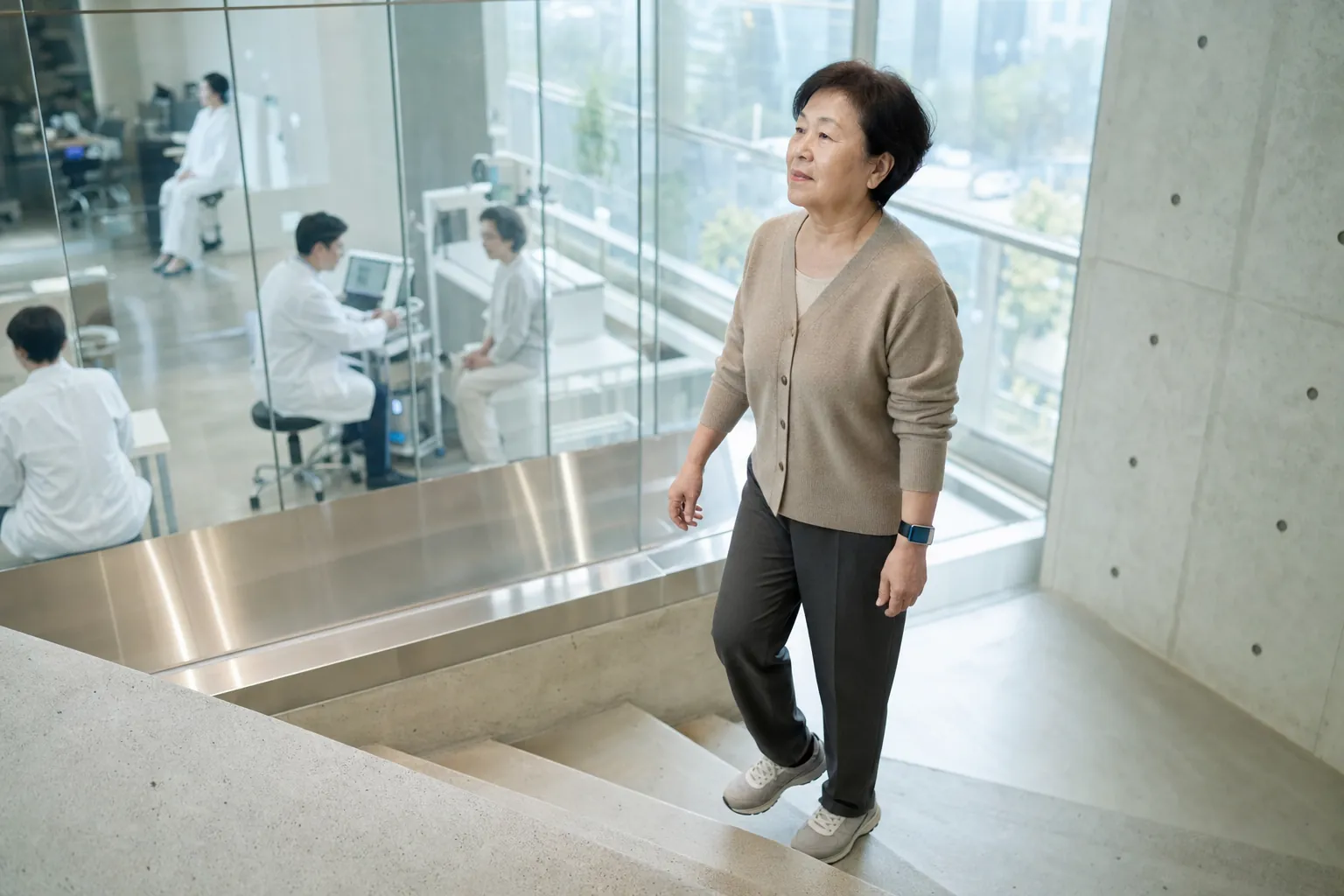 2029년 서울 마곡 바이오허브의 밝은 계단실에서 67세 한국인 여성 박정희 씨가 난간을 잡지 않고 계단을 오르는 순간을 담은 다큐멘터리 사진. 뒤쪽 유리벽 너머로 임상전환센터의 의료진과 센서 장비가 보이고 여성의 손목에는 근력 측정 센서가 착용되어 있다.