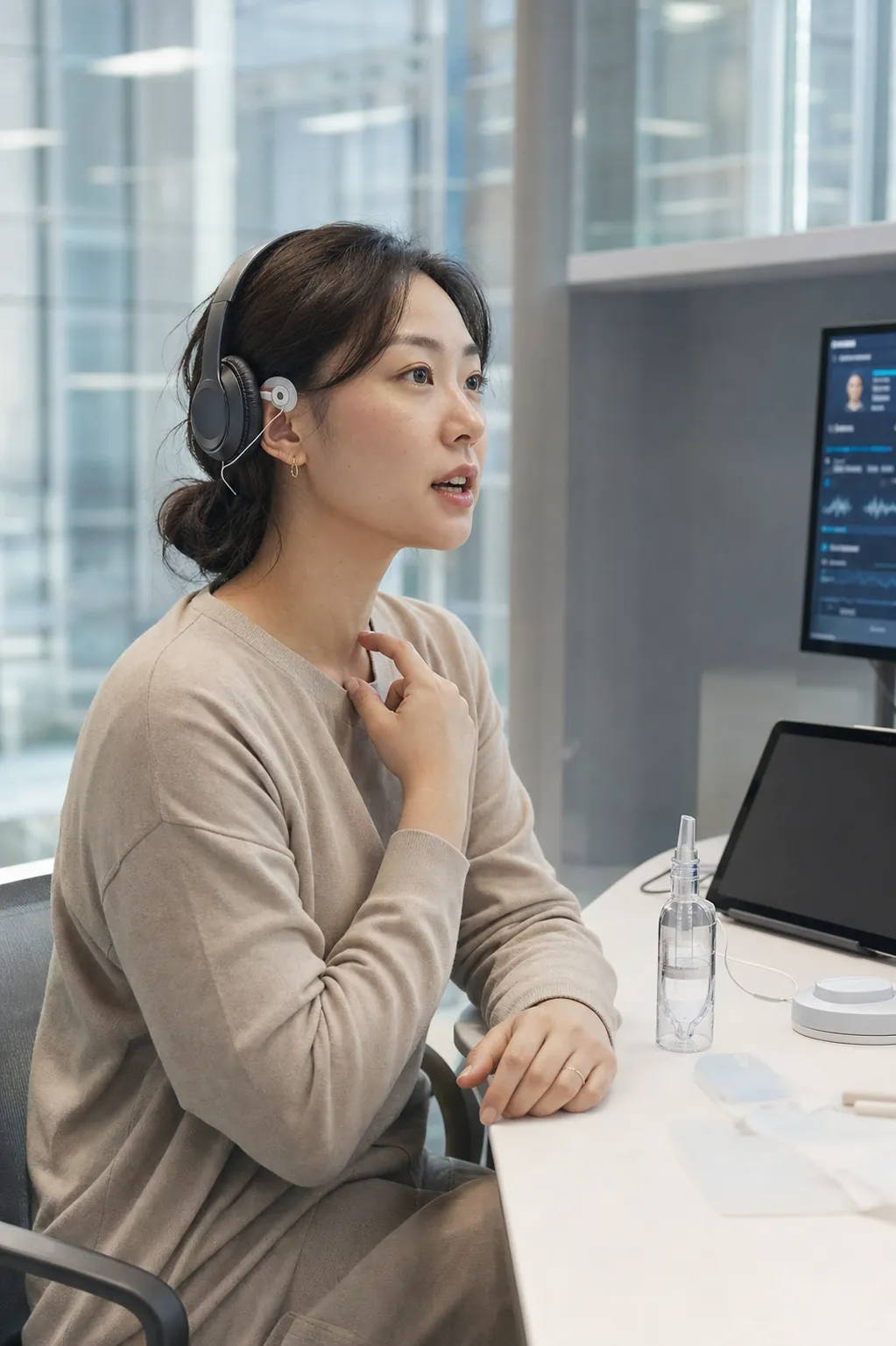 2029년 서울 마포구 디지털바이오 학습센터에서 34세 한국인 직장인 여성이 귀 뒤 EEG 패치를 부착한 채 헤드폰으로 영어 문장을 듣고 발음을 연습하는 모습