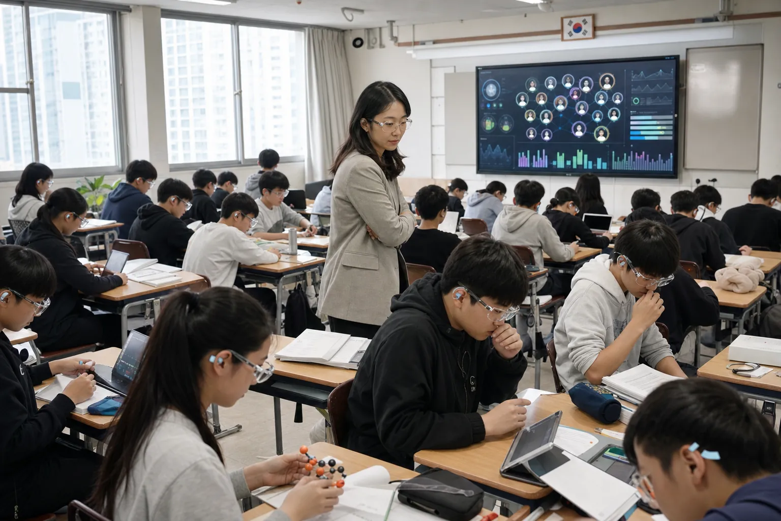 2029년 세종특별자치시의 중학교 교실에서 한국 학생들이 투명 AR 글래스와 귀 뒤 초소형 생체 신호 패치를 착용한 채 각자의 맞춤형 학습에 집중하고 뒤편 대형 모니터에는 24명 학생의 인지 부하와 학습 진행 상태가 차분한 색상의 그래프로 표시되는 실제 교육 현장
