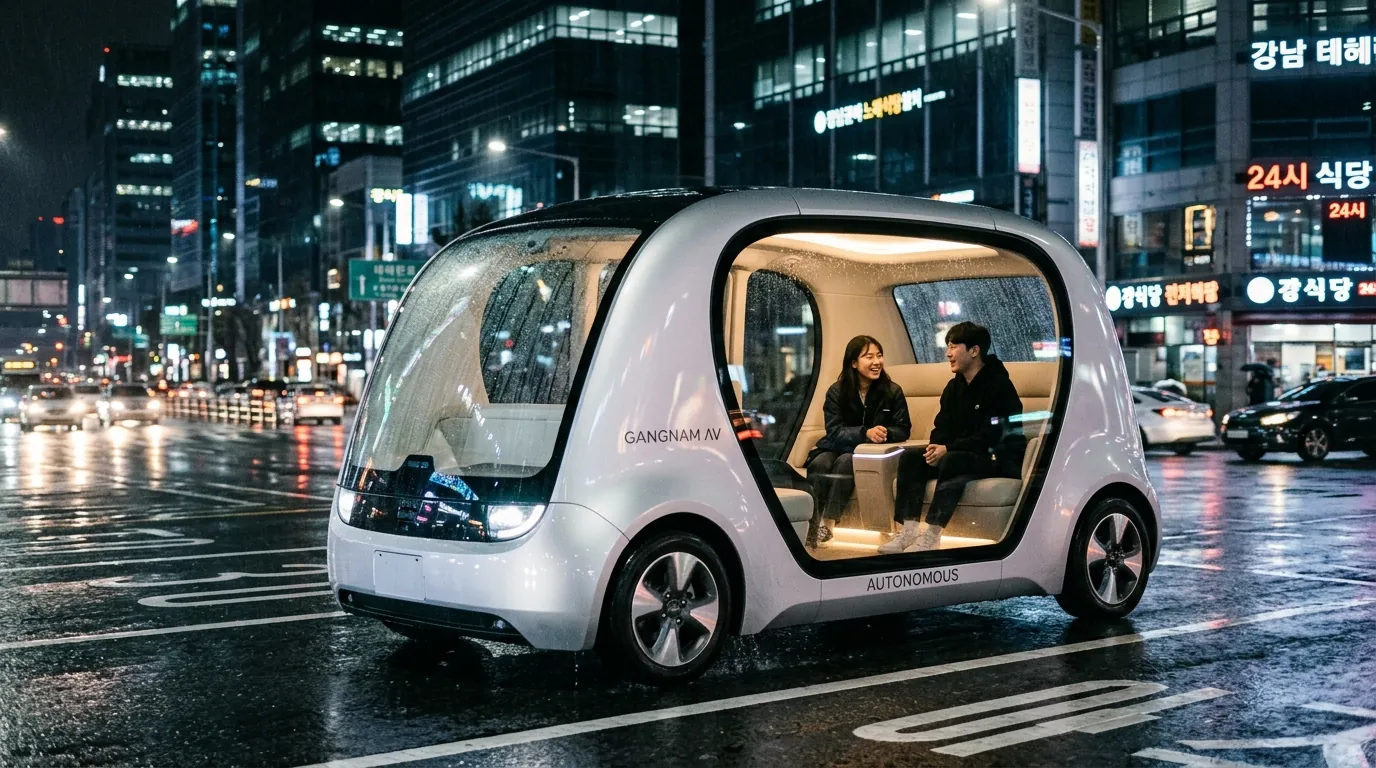 2028년 늦은 밤 비 내리는 서울 강남역 테헤란로 사거리를 주행 중인 운전석 없는 은백색 무인 로보택시 전면부와 도심 야경 르포 사진