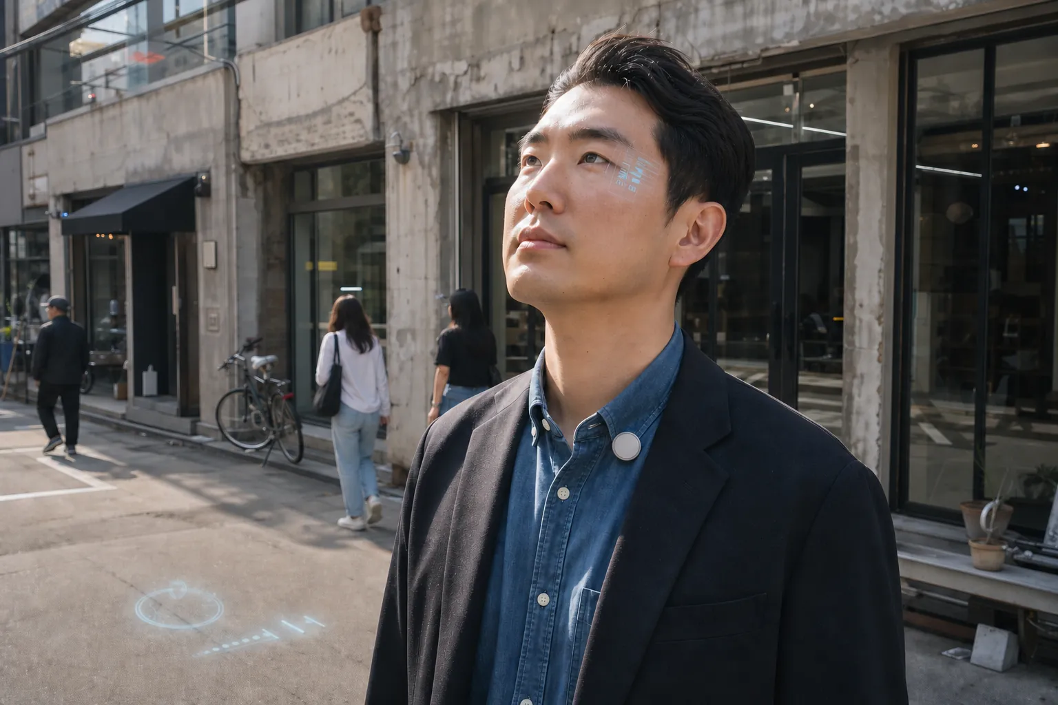 2029년 서울 성수동의 크리에이티브 허브 야외 로비에서 투명한 AR 콘택트렌즈를 착용한 한국인 UX 엔지니어가 스마트폰 없이 시선을 옮기는 순간을 담은 다큐멘터리형 인물 사진